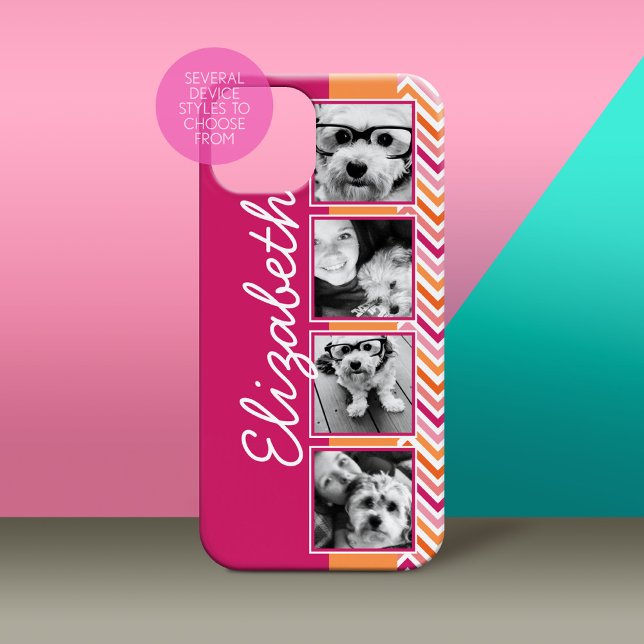 4 Foto Collage Varm Rosa Orange Sicksackar (Personalized Phone Case with Custom Photos and Text - Pick Your Device Style)