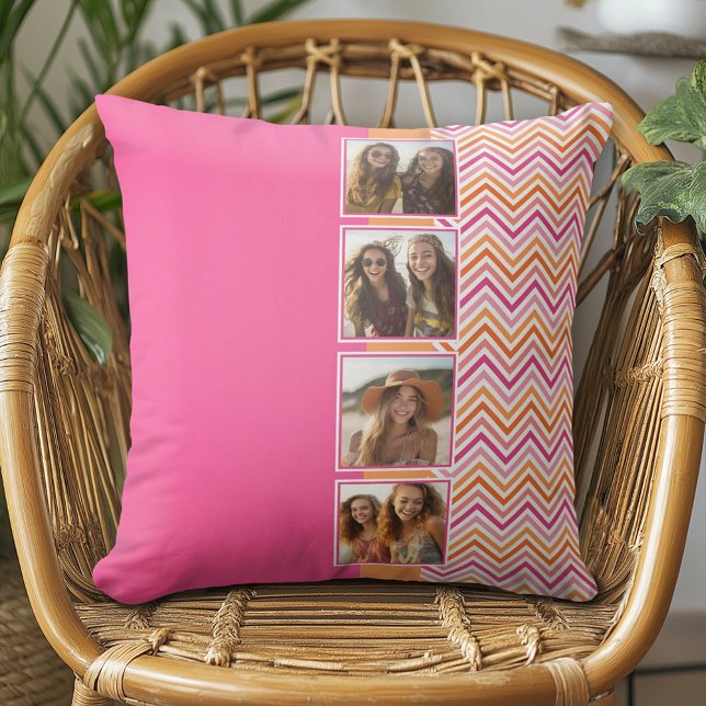 4 Foto Collage Varm Rosa Orange Sicksackar Kudde (Custom Photo Pillow - Add Your Own Pics!)