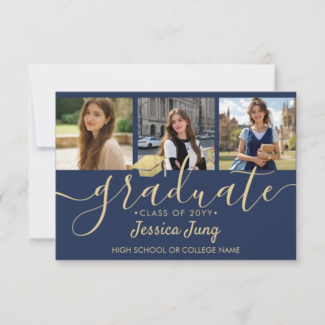 4 Foto Examen Kollage Script Marinblå & Guld Tack Kort (Framsida)