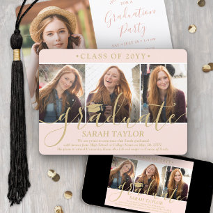 4 Foto Examenfest Blush Rosa & Guld Skrift Inbjudningar
