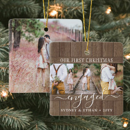 4 Foto Förlovning 1:a julafton Rustic Faux Wood Julgransprydnad Keramik