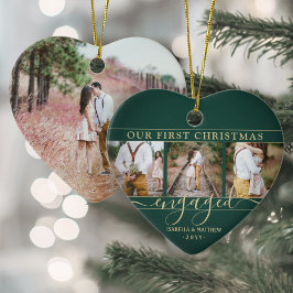 4 Foto Första julen Engagerad Grönt & Guld Heart Julgransprydnad Keramik