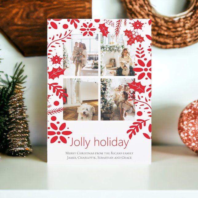 4 Foto Glad Jul Nordisk Blomma Julkort Kort (4 Photo Jolly Holiday Nordic Flower Christmas Card featuring holly. From Ricaso. Add your own photos)