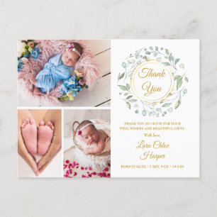 4 Foto Grönska Blommig Guld Tack Baby Födelse Meddelande Vykort