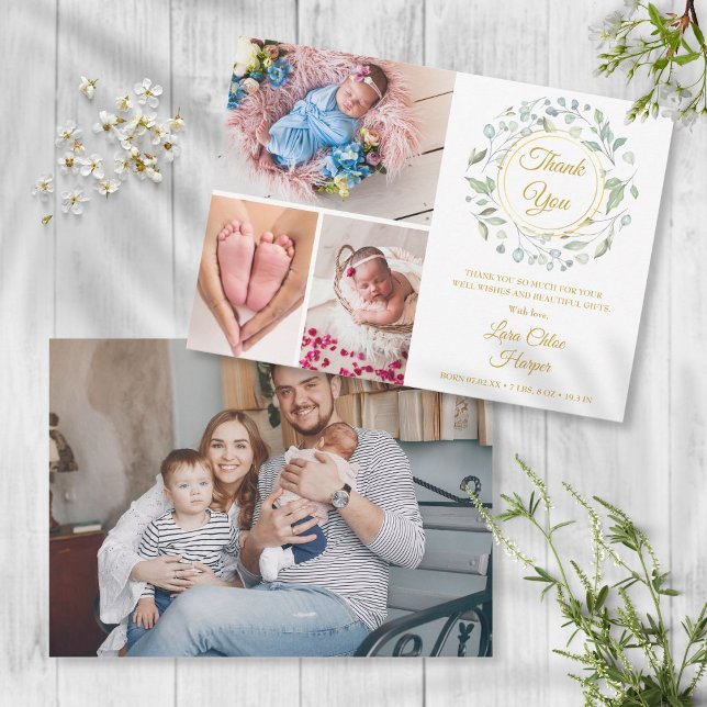 4 Foto Grönska Blommig Guld Tack För Bebis Födelse Meddelande (Skapare uppladdad)