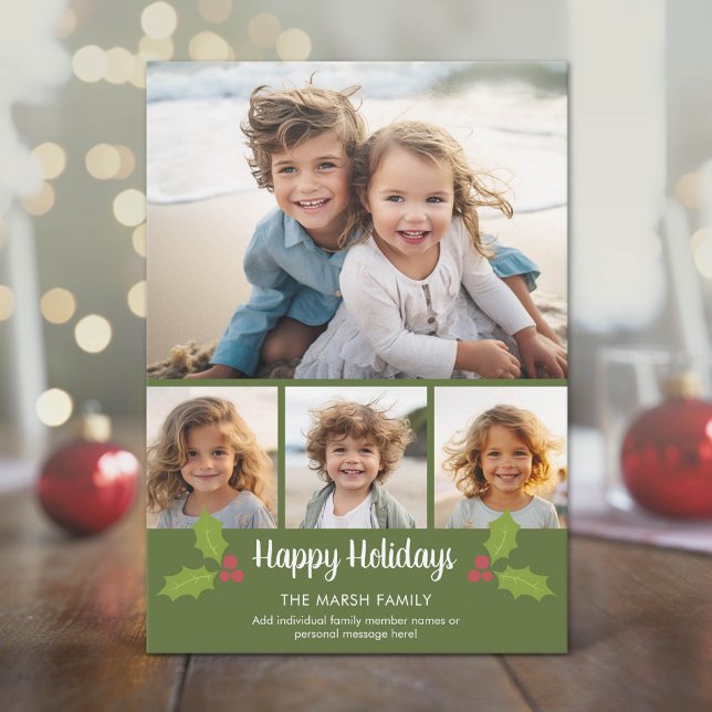 4 Foto Jul Collage - Retro Holly Julkort (Modern, Minimal Holiday Card with 4 Photos)