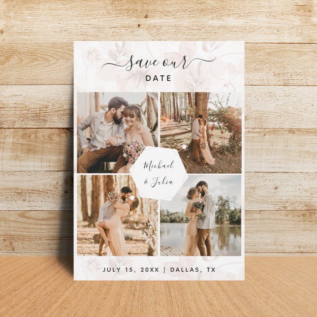 4 Foto Koppelskylt & Rosa Blush Blommig Bröllop Spara Datumet (Skapare uppladdad)