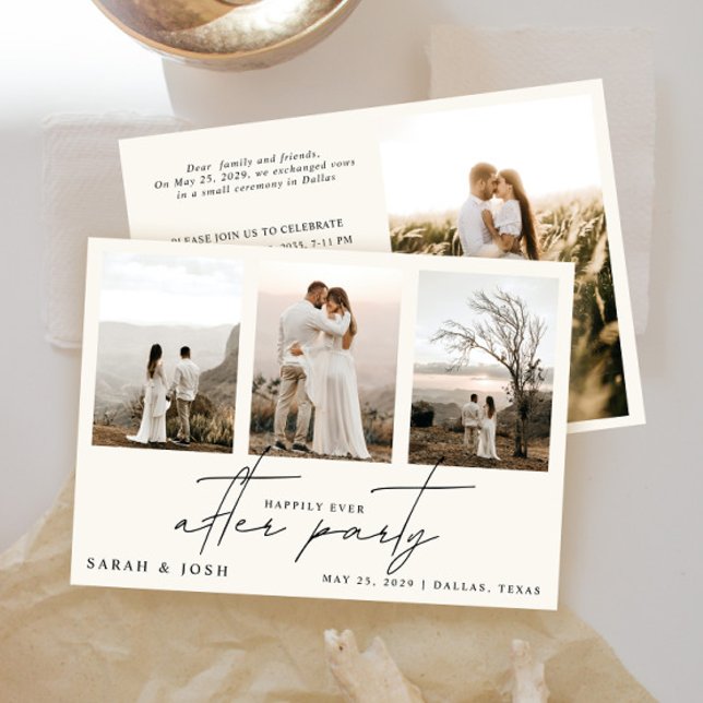 4 Foto lyckligtvis allt efter Party Cream Bröllop Meddelande (Easily personalize this wedding reception invite with your details and wedding photos!)