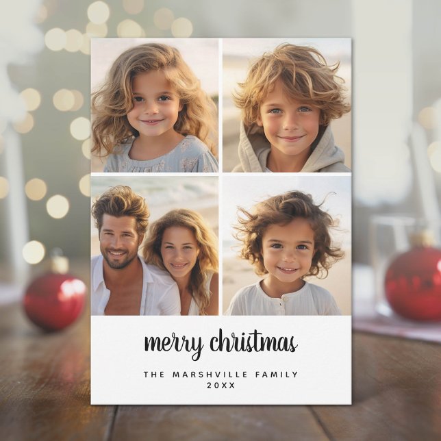 4 Foto Minimal God Jul svart vit Julkort (Modern, Minimal Holiday Card with Photos)