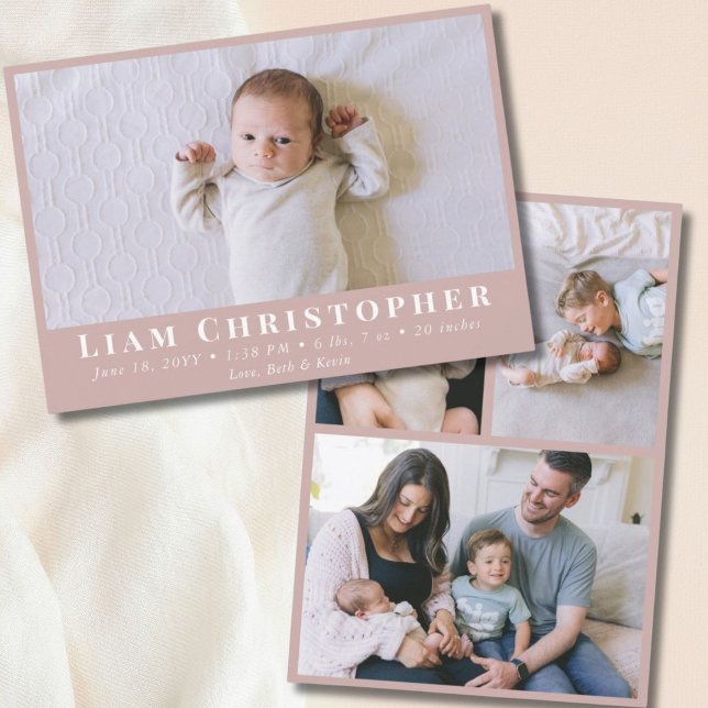 4 Foto Modern Minimal damm Rosa Enkel födsel Meddelande (4 Photo Modern Minimal Dusty Pink Simple Birth Announcement
)
