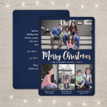 4 Foto Mörk grönt God jul Modern skript<br><div class="desc">Skicka snyggt glatt hälsning och bilder med ett anpassningsbar med fyra foto-kollage marint blått och ro guld-helgdag-folie. All text på den här mallen är enkel att anpassa för att inkludera alla formuleringar, t.ex. God jul, Glad helg, Säsonhälsningar, nyårschecknare osv. (IMAGE PLACEMENT TIP: Ett enkelt sätt att centrera ett foto exakt...</div>