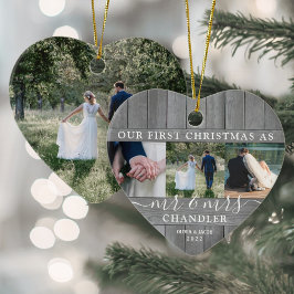 4 Foto Mr & Mrs. 1:a julfaux Wood Heart Julgransprydnad Keramik