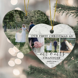 4 Foto Mr & Mrs. 1:a julfesten Marble Heart Julgransprydnad Keramik