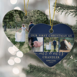 4 Foto Mr. & Mrs. 1:a julflottan och Guld Heart Julgransprydnad Keramik