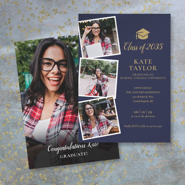 4 Foto Navyblå Guld Examen Fest Inbjudan (4 Photo Navy Blue Gold Graduation Party Invitation)