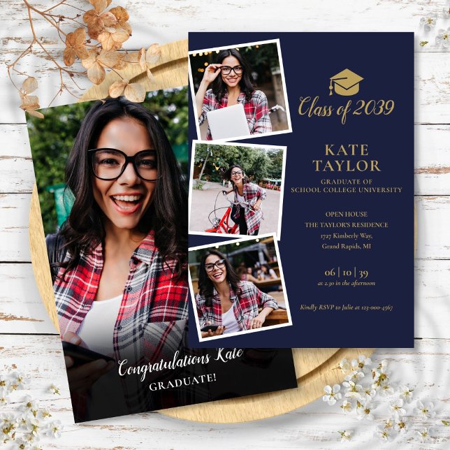4 Foto Navyblå Guld Examensfest Inbjudningar (4 Photo Navy Blue Gold Graduation Party Invitation)