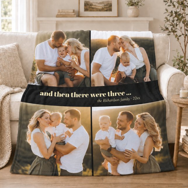 4 Foto Ny Baby Familj Fleecefilt (modern elegant newborn baby celebration 4 photo fleece blanket for new parents or grandparents)