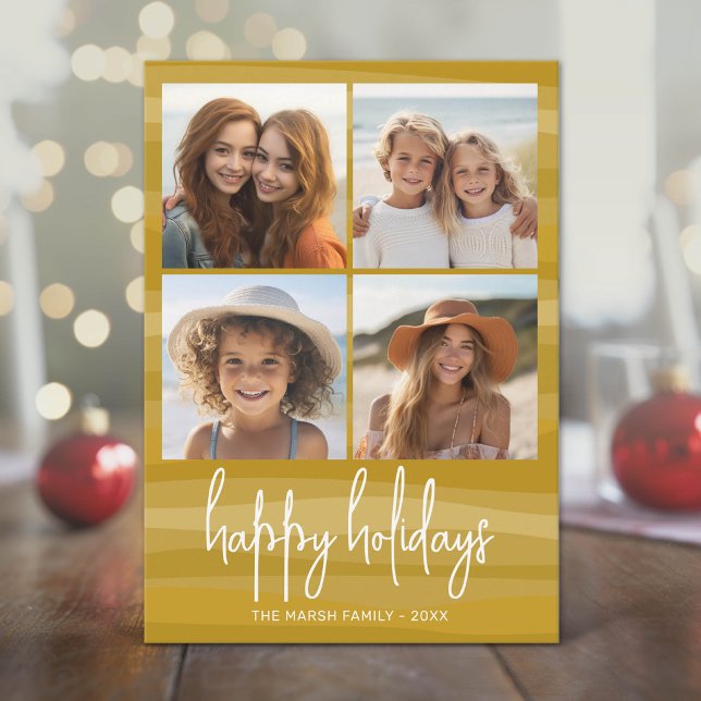 4 Foto Organisk Guld Kurvor - Jul Glad Julkort (Modern Holiday Greeting with 4 Photos)