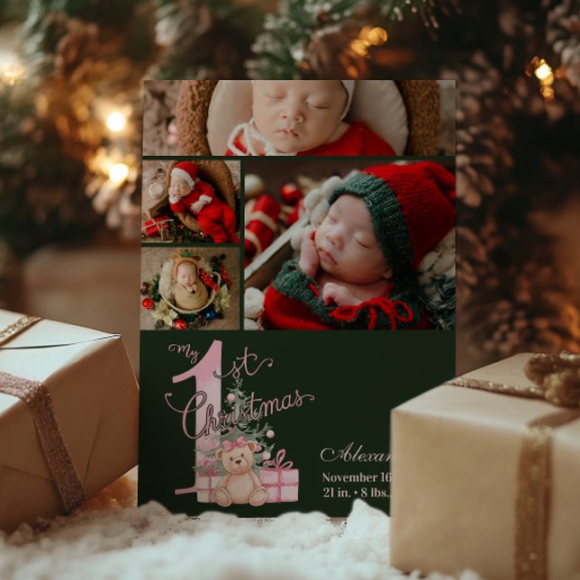 4 Foto  Rosa Grön Baby Första Jul Julkort (Skapare uppladdad)