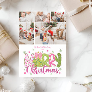 4 Foto Rosa Grön Slinga Träd God Jul Julkort