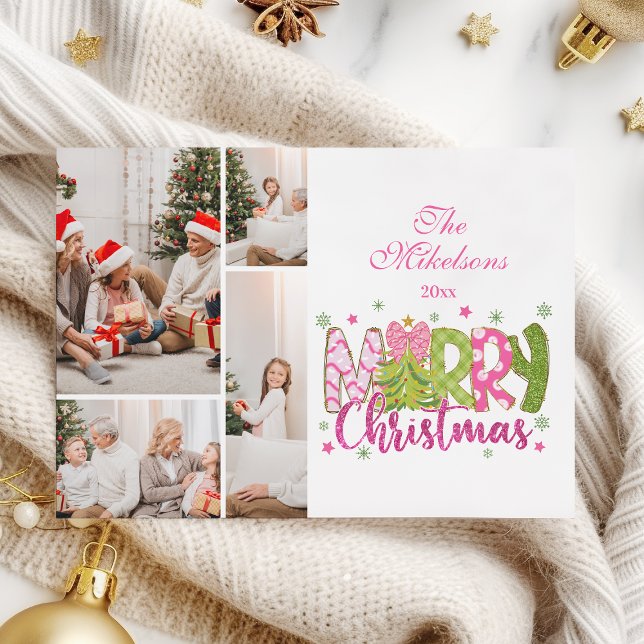 4 Foto Rosa Grön Slinga Träd God Jul Julkort (Skapare uppladdad)