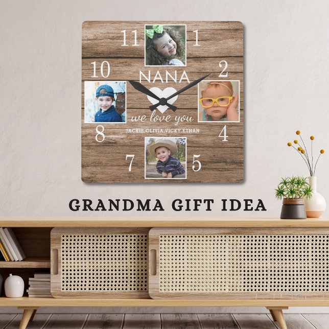  4 Foto Rustic Barn Wood Kärlek You Nana Barnbarn  Fyrkantig Klocka (4 Photo Rustic Barn Wood Love You Nana Grandkids Square Wall Clock-grandma gift idea)