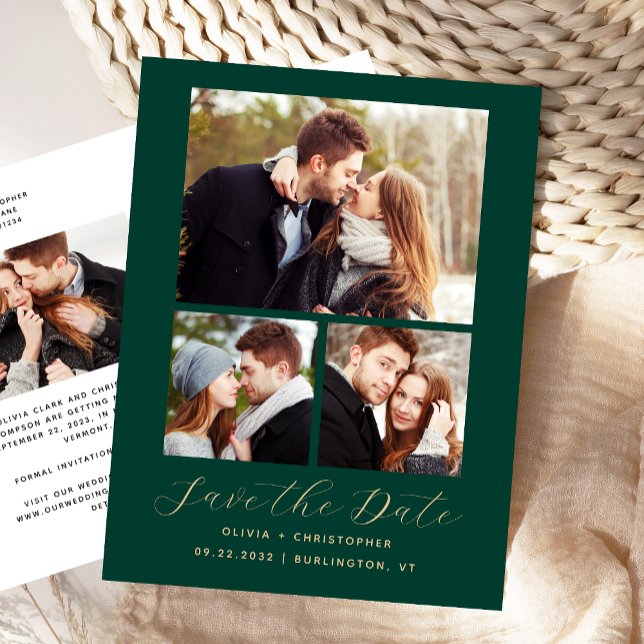 4-Foto Smaragdgrön Guld Spara Datum Meddelande Vykort (Skapare uppladdad)