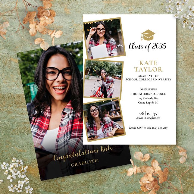 4 Foto Svart Och Guld Examen Fest Inbjudningar (4 Photo Black And Gold Graduation Party Invitation)
