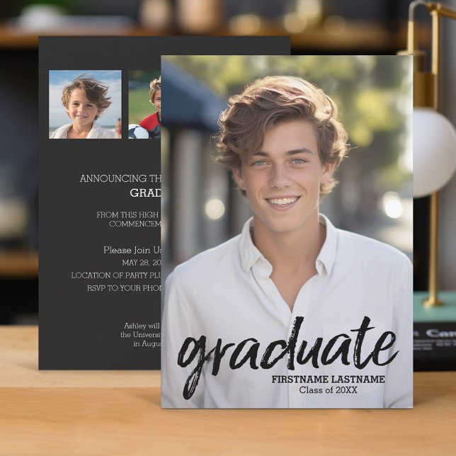 4 Foto Trendig Studenten Announce - lodrät Inbjudningar (Classic Graduation Announcement and Party Invitation with 4 Photos)
