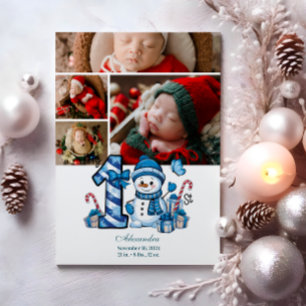 4 Fotoblå Snögubbe Första jul Julkort