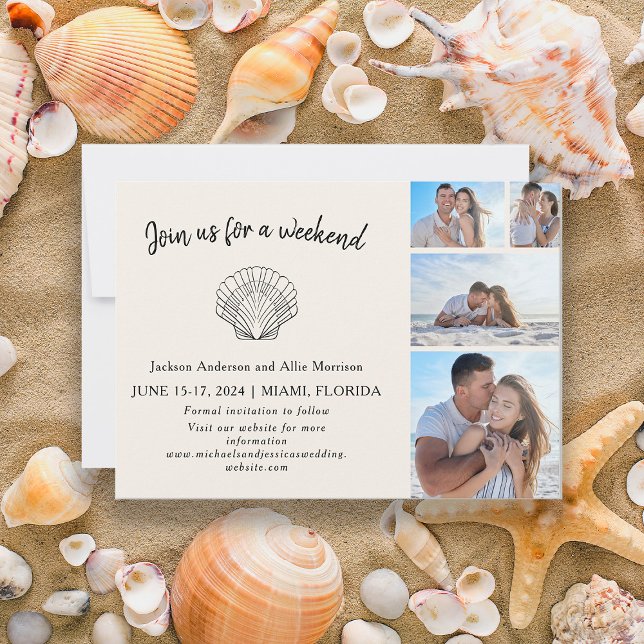 4 Fotoblodsbröllop för sädesskal Spara Datumet (4-photo beach wedding Save the Date card)