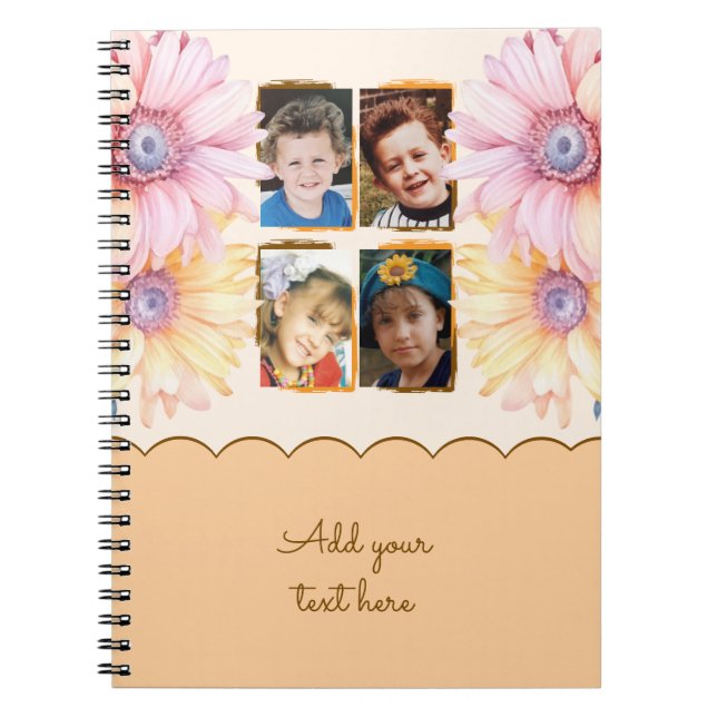 4 fotoblommor text orangebrun anteckningsbok (Framsidan)
