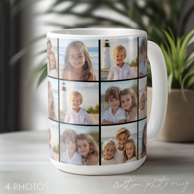 4 Fotocollagemönster - Modernt rutnät Kaffemugg (Custom Photo Mug - Makes a Great Gift)