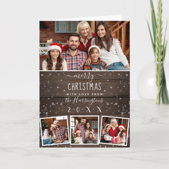 4 Fotofamiljesammansättning | Rustic Wooden-jul Helgkort (Framsida)