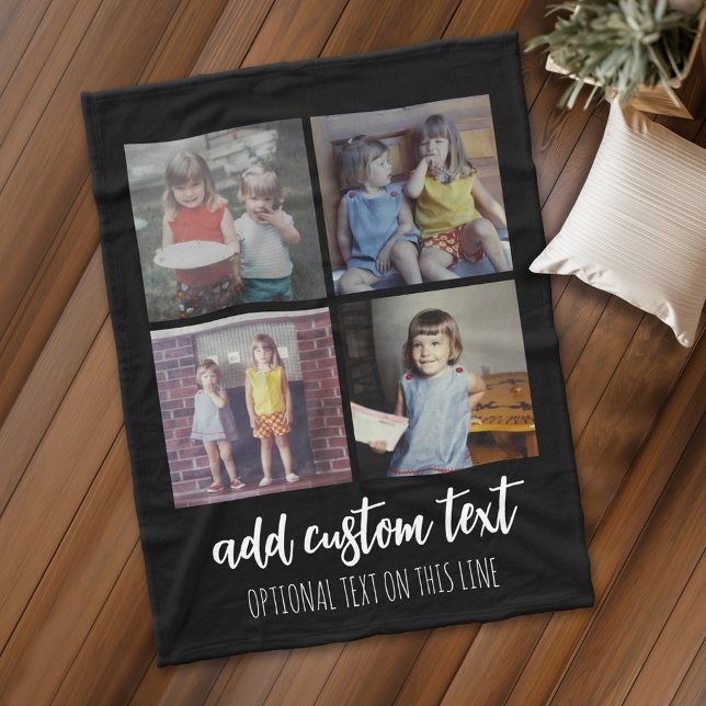 4 Fotokollage - 2 Linjer Text - Kan redigera färge Fleecefilt (Personalized fleece blanket with 4 photos and a monogram)