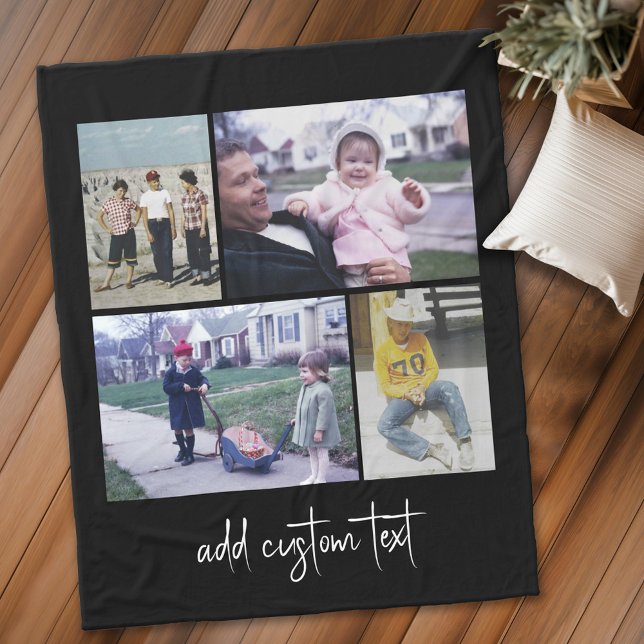 4 Fotokollage - du kan ändra bakgrunden färg Fleecefilt (Personalized fleece blanket with 4 photos and text)