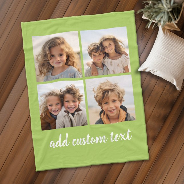 4 Fotokollage - du kan ändra bakgrunden färg Fleecefilt (Personalized fleece blanket with 4 photos and custom text)