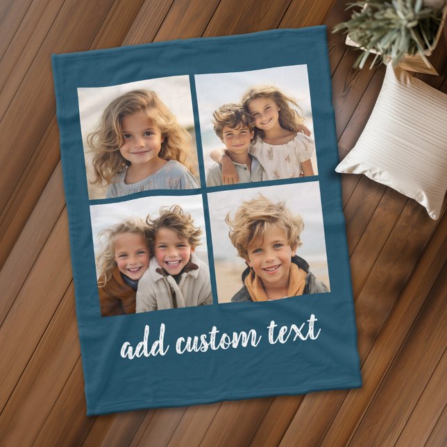 4 Fotokollage - du kan ändra bakgrunden färg Fleecefilt (Personalized fleece blanket with 4 photos and custom text)