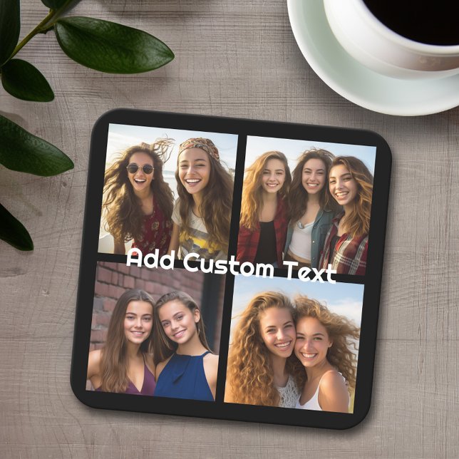 4 Fotokollage - du kan ändra bakgrunden färg Underlägg Papper Kvadrat (Personalized coaster with 4 photos and text)