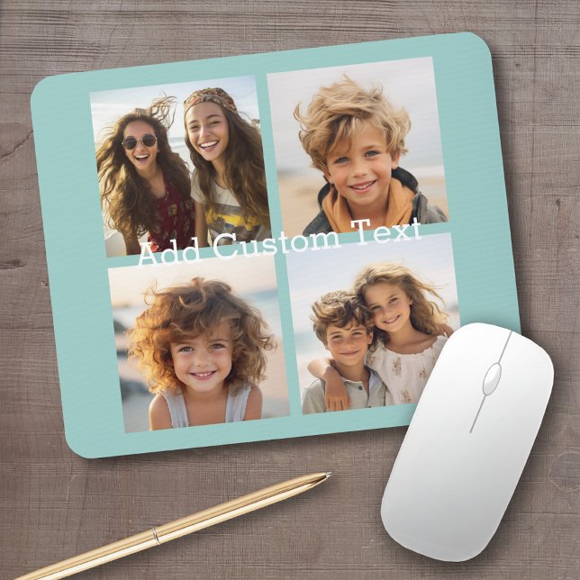 4 Fotokollage - du kan ändra bakgrundsblått Musmatta (Personalized mousepad - add your photos and custom text)
