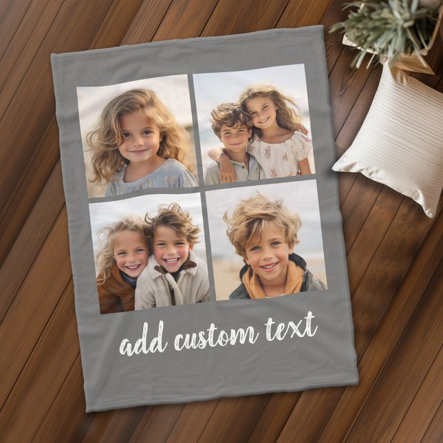 4 Fotokollage - du kan ändra grått färg Fleecefilt (Personalized fleece blanket with 4 photos and custom text)
