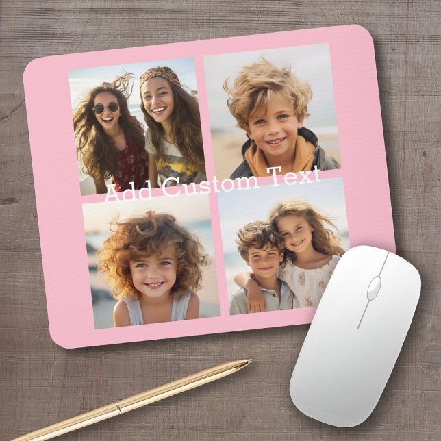 4 Fotokollage - du kan ändra rosa i bakgrunden Musmatta (Personalized mousepad - add your photos and custom text)