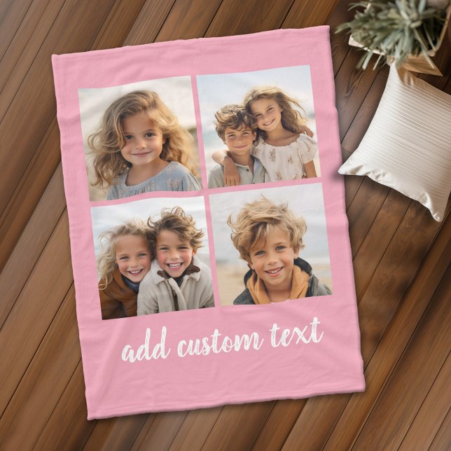 4 Fotokollage - du kan byta rosa färg Fleecefilt (Personalized fleece blanket with 4 photos and custom text)