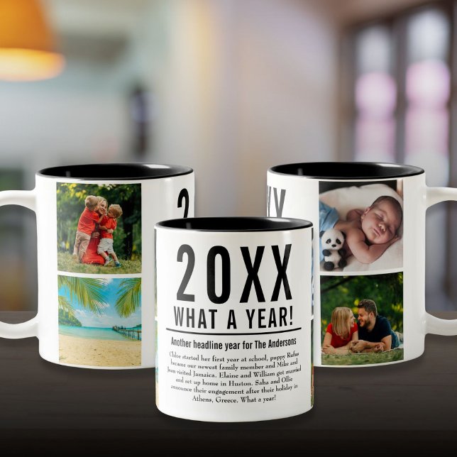 4 Fotokollage-familjår i granskningsmodern Två-Tonad Mugg (4 Photo Collage Family Year In Review Modern Two-Tone Coffee Mug)