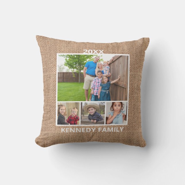  4 Fotokollage-familjens Namn Rustic Burlap Kudde (Framsida)