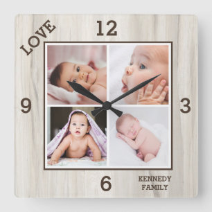 4 Fotokollage Family Namn Kärlek Natural Wood   Fyrkantig Klocka