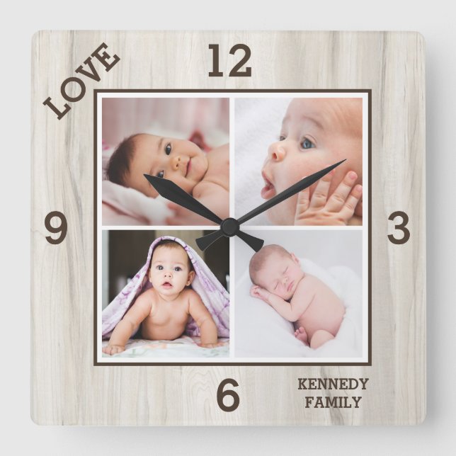 4 Fotokollage Family Namn Kärlek Natural Wood   Fyrkantig Klocka (Framsida)