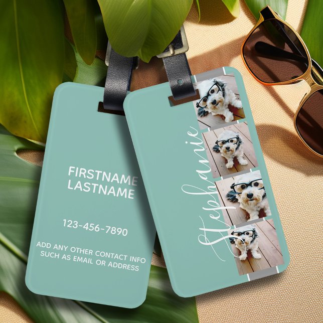 4 Fotokollage Film Strip Namn - aqua grått Bagagebricka (Personalized luggage tag with photo collage and monogram - contact info on back)
