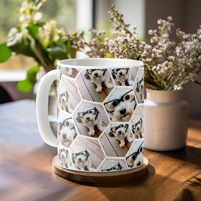 4 Fotokollage - funky hexagon mönster Kaffemugg (Mug template with a place for photos)