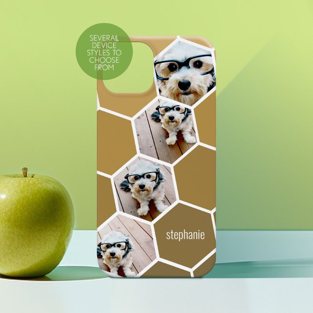 4 Fotokollage - funky hexagonmönster guld (Personalized Phone Case with Custom Photos and Text - Choose a Device Style)